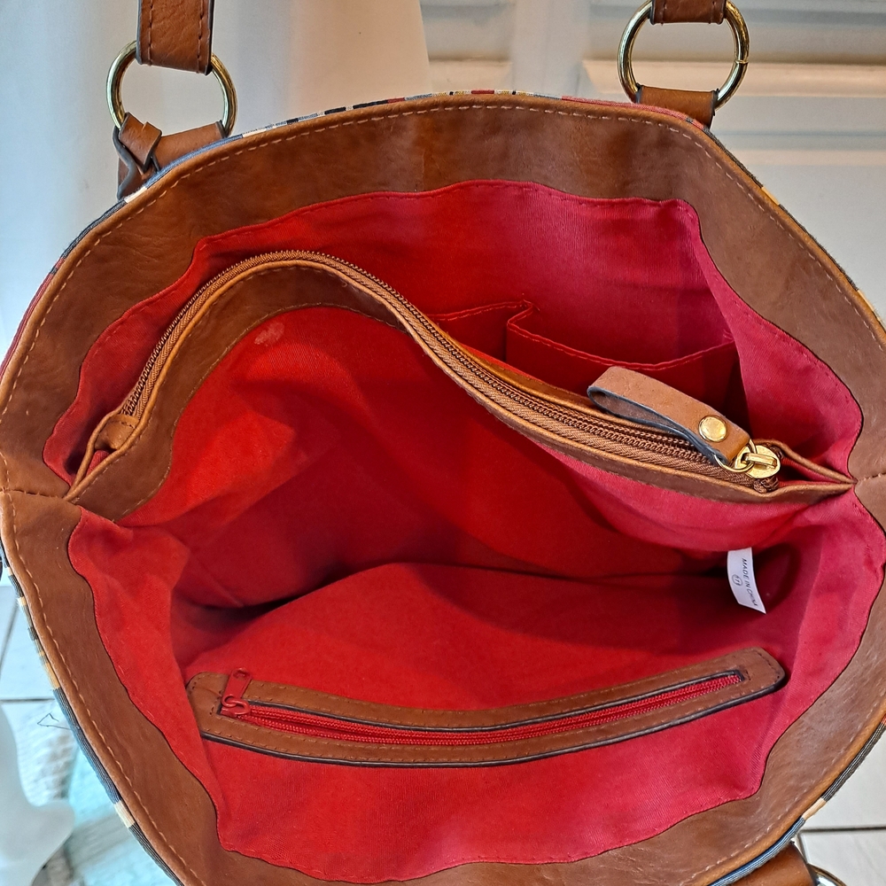 Kim Rogers Red & Blue Madras Plaid Tote with Brown Leather Trim - Picture 8 of 12